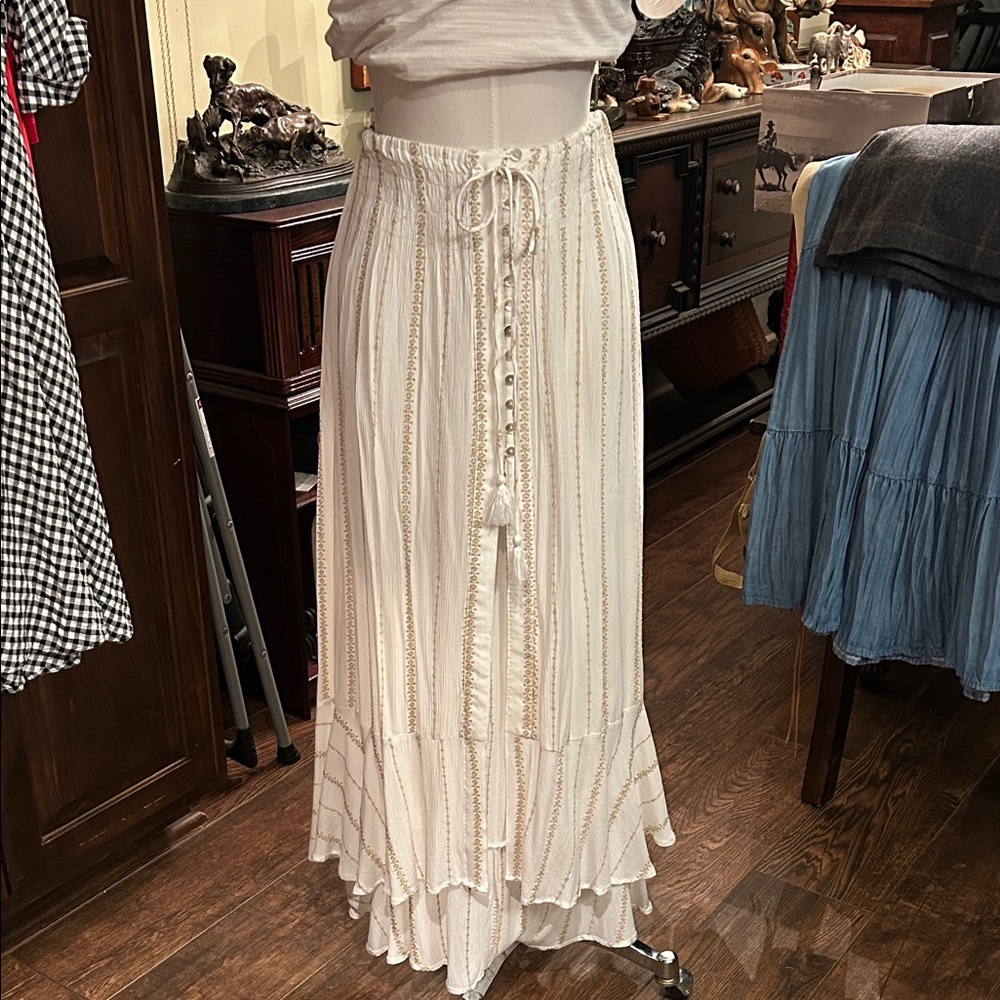 Olivaceous Sz L Boho Hippie Maxi Skirt High Slit GUC